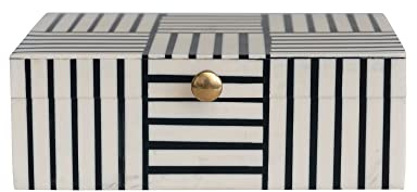 Bloomingville Plastic Storage Box with Striped Block Pattern and Gold Knob, Black and White