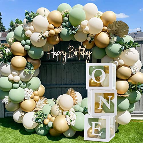 QIFU Decoration Anniversaire 1 An - 118 Pièce Deco Anniversaire 1 An Garcon, 3 Boîte Ballon 1er Anniversaires et Kit Arche Ballon Vert Sauge pour Decoration Ballons Anniversaires Garcon Fille Bapteme