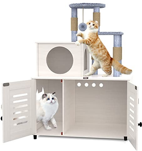 EasyCom Litter Box, Hidden Cat Tree Tower Furniture for Indoor Home, All-in-One Wood Cabinet with Scratching Post and Condo, White