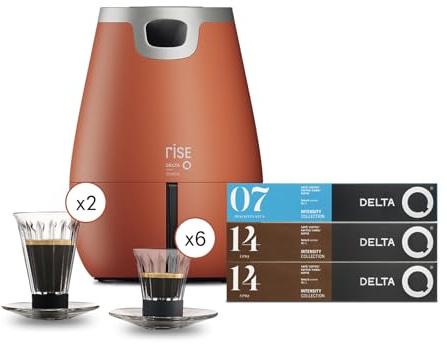 Delta Q - Cafetera de Cápsulas Rise - Terracota - 19 Bares de Presión | Extracción Inversa - 2 Tazas Grandes y 4 Pequeñas Compatibles - 20 Cápsulas Intensidad 14 y 10 Cápsulas Descafeinado