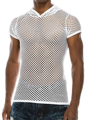 JPXJGT Camiseta de Malla Transparente sin Mangas Rejilla para Hombre(Color:White,Size:S)
