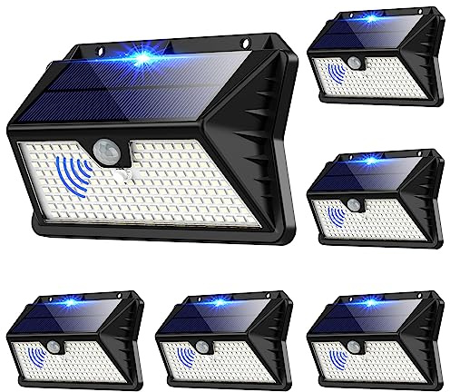 OUILA Solar Lights for Outdoor Wall, Pack of 6, 185 LED, 3 Modes, Solar Outdoor Light with Motion Sensor, IP65 Waterproof LED Solar Wall Light, Garden, Yard, Fence Lighting, Front Doors (Cool White)