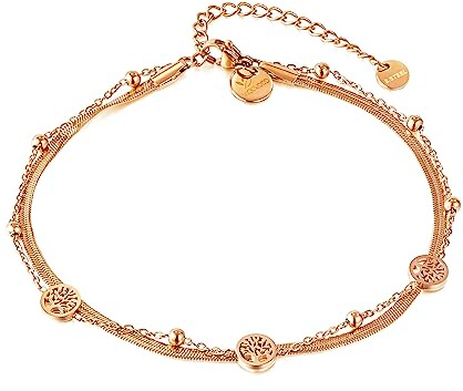 VICKWOOD Lebensbaum Fußkettchen für Damen bis 30cm Edelstahl - Armband Damen Gold 17cm Schwarz/Rosegold/Silver - Fussketten für Frauen Gold - Fußkette Damen