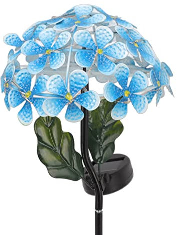 Wisecoco Luce Solare Ortensia, 26 LED Lampada Decorativa per Esterni in Ferro Realistico con Palo per Fiori per Prato del Portico del Giardino (62,5x18x18cm)(Blu)