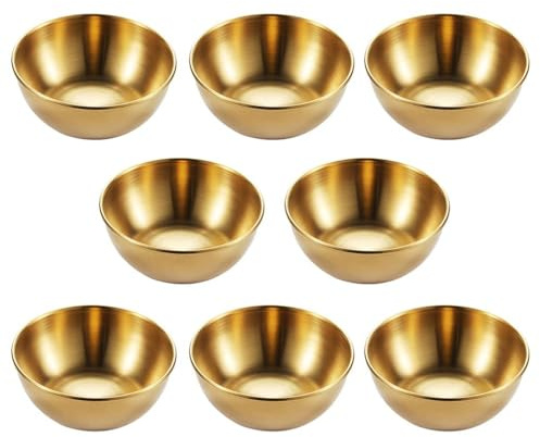 PADADU 8 Pack 3.2inch Round Saucers Bowl stainless steel Sauce Cups Mini Individual Condiment Pudding Seasoning Dishes Appetizer Plates Dipping Bowl, for Sushi,Dessert,Tomato Sauce,Soy,BBQ, Golden
