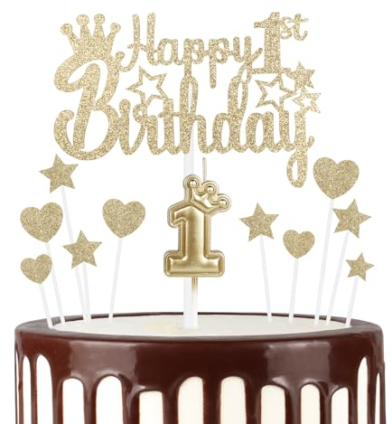 mciskin 1st Happy Birthday Candles Cake Toppers, Crown Number 1 Candle, 12pcs Champagne Gold