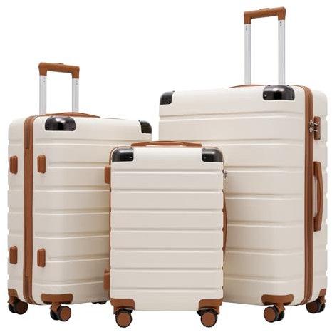 COOLIFE Koffer Set, 3 Teilig Reisekoffer mit TSA-Schloss und Teleskopgriff, Rollkoffer mit 4 Zwillingsrollen für Reisen und Geschäftsreisen (Weiß/Braun, Koffer-Set)