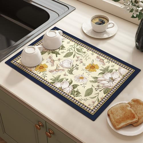 Abtropfmatte Geschirr Grüne Pflanzenblumen Superabsorber Abtropfmatte,Unterlage Kaffeemaschine Matte Abtropfmatte, Schmutzabweisender Gummisohle Abtropfmatte,Für Küche, Kaffeemaschine 40*50Cm