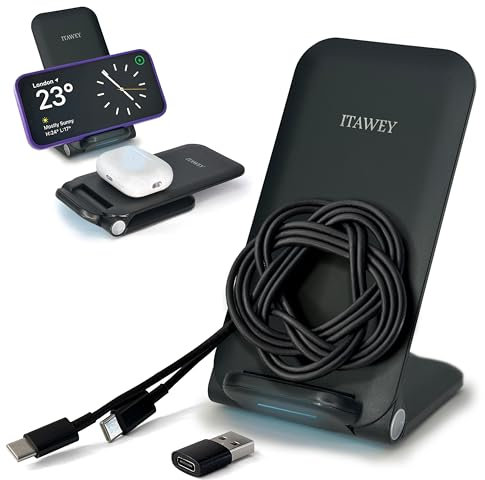 ITAWEY 15W Faltbarer kabelloser Ladestand, langes 1,5 m Kabel + Kabelkonverter, kompatibel mit iPhone 15, 14, 13, 12, 11, XS, XR X 8, Galaxy S24, S23, S22, S21, S20, S10, S9, S8, S7 (Grau Faltbar)