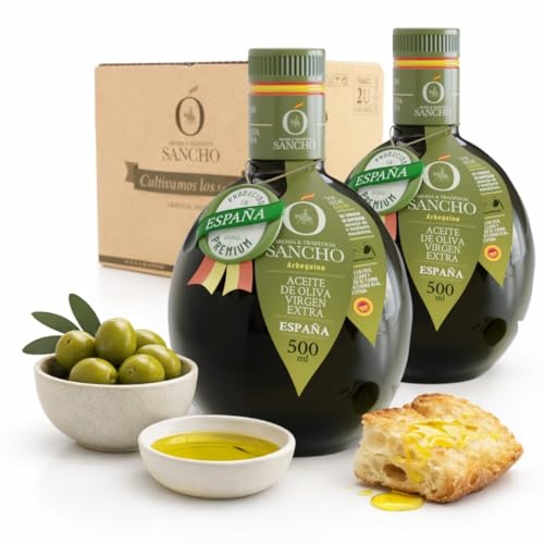 Aceite de oliva virgen extra arbequina filtrado pack 2 x 500 ml botella de vidrio | aove gourmet aromático extraído frío | aceite premium español para regalo | sancho la mancha, dop campo de montiel. | AOVE español gourmet origen único 100% monovarietal sabor delicado ideal para ensaladas pescado quesos tostadas mediterráneas