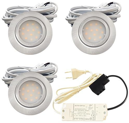 3x IP44 LED Einbauspots 12V, flach, 2,4W, 200lm, Edelstahl gebürstet, inkl. LED-Trafo, 230V Zuleitung mit Stecker, AMP Verteiler, Neutralweiß 4000K, Lochdurchmesser 54-60mm, Plug and Play.