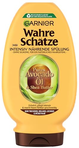 Garnier Wahre Schätze Intensiv Nährende Spülung Avocado-Öl & Sheabutter für sehr trockenes, welliges, lockiges und dickes Haar, für mehr Geschmeidigkeit, ohne zu beschweren, 1x200 ml