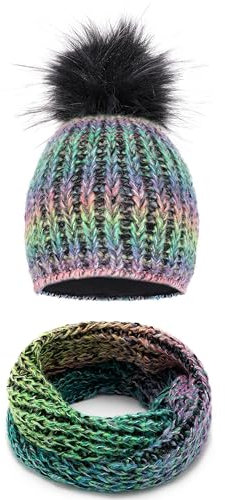 Solvera_Ltd Mütze mit Schal Set Damen, für Winter Warme Strickmütze, Wintermütze & Loop mit Kunstfell Bommel, Gefütterte Strickset, Beanie mit Fellbommel + Schlauchschal, Einheitsgröße (Multicolor)