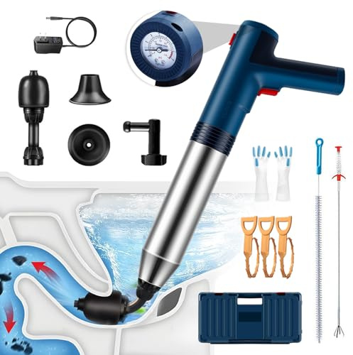 Electric Toilet Plunger, 14pcs Drain Clog Remover Set with Barometer, High-Pressure Air Plunger for Toilet, Bathroom & Floor Drains, Versatile Home Clog Remover Drain Snakes with Organizer Box