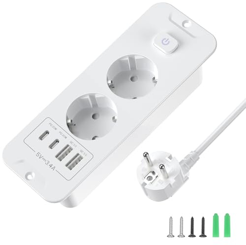 2 Fach Einbau Steckdose, Versenkbare Tischsteckdose mit Schalter, Weiß | 2x USB-A, 2x USB-C, PD20W,2m Kabel, versenkbar, für Büro & Küche