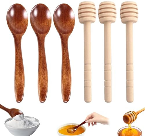 6 PCS Honey Spoon Set,Honey Dipper,Rugged Honey Spoon Wooden,Honey Drizzler Easy to Clean,Includes 3 Honey Stick and 3 Small Wooden Spoons,for All Kinds of Gatherings Parties Home Kitchens
