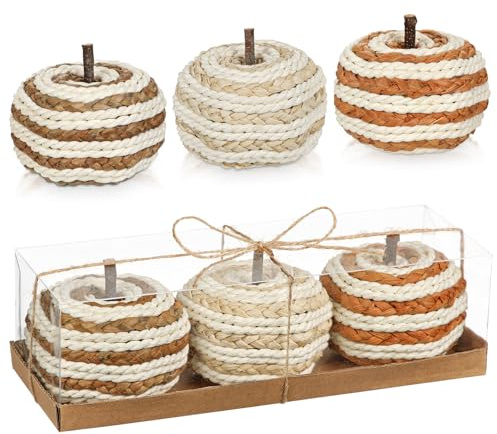 Arborus Fall Pumpkin Decor Set of 3 Artificial Autumn Rattan Pumpkins Small Orange Cream White Fake Pumpkins Ornament Rustic Decorative Faux Pumpkin for Table Centrepiece Home Mantel Halloween Décor
