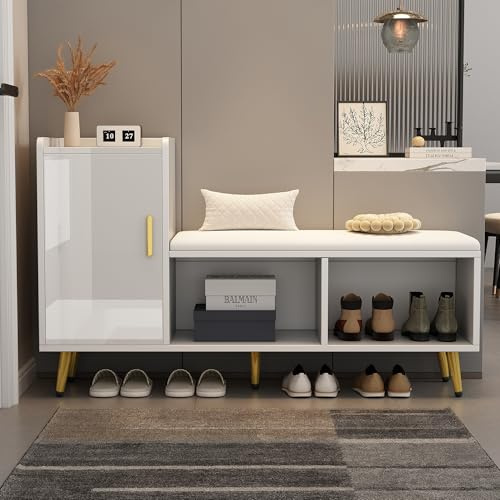 Merax Schuhbank mit Sitzfläche, Weiße Hochglanz Sitzbank mit Stauraum, gepolstert, Schuhschrank mit 1 Schranktür, 2 offene Fächer, Schuhregal für Flur, Eingang, Wohnzimmer, Schlafzimmer, bis 100 kg