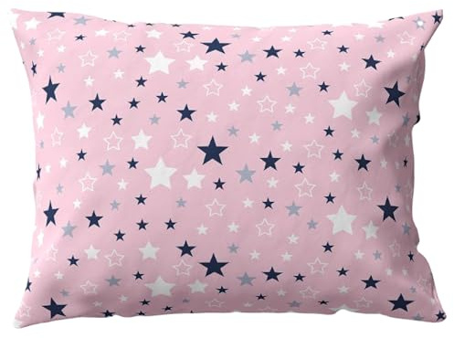 PinkZebra 40 x 60 cm Kopfkissenbezug Kinder, Kissenbezug aus 100% Baumwolle, Kissenhülle, Öko-tex Standard 100, Bezug mit Reißverschluss, Made in EU, Pink Sterne