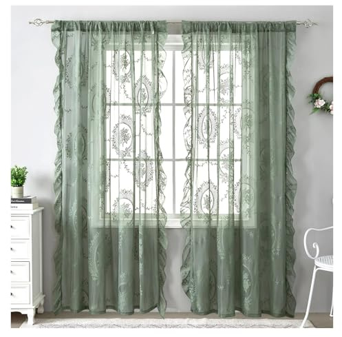 LYHYDMA Spitzenvorhang Retro-grüne Rüschen-Spitze-durchsichtige Tüll-Vorhänge for Mädchenzimmer, Wohnzimmer, pastoraler Blumenfenster-Bildschirm Für Wohnzimmer, Bad, Küche(Fixed Pleat_140X200CM)