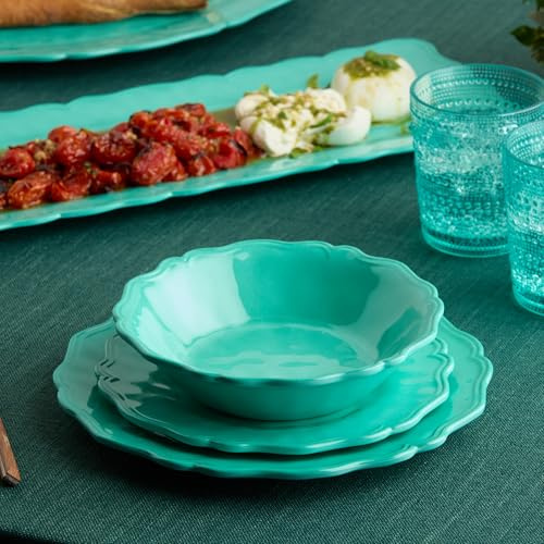Isabella Teal 12-Piece Melamine Dinnerware Set for 4 – Vibrant Crackle Glaze Plates & Bowls with Scalloped Edges, Durable, Lightweight, Dishwasher Safe for Everyday and Outdoor Dining