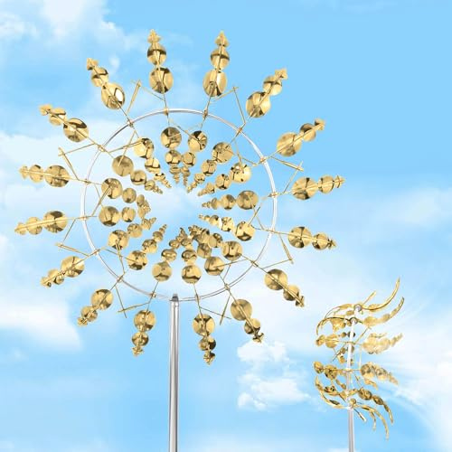 Bocguy Moulin à vent cinétique en métal unique 3D alimenté par le vent - Moulin à vent de jardin en métal - Convient pour le jardin, la terrasse, la décoration de paysage (doré)