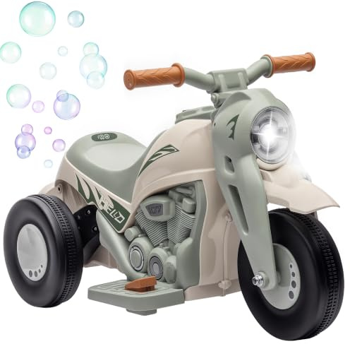 AIYAPLAY Elektro Kindermotorrad 6V Dreirad Musik für 2-5 Jahre Cremeweiß | Mit Seifenblasenmaschine, Musik, Scheinwerfer, Elektro Motorrad, Vorwärts-, Rückwärtsfunktion, 2,5-3 km/h Elektromotorrad