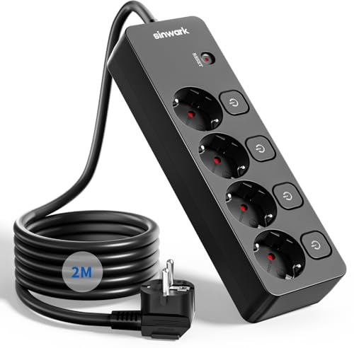 Sinwark Steckdosenleiste Einzeln Schaltbar 4fach, Power Strips, mit üBerspannungsschutz，with Child Safety Lock,Thickened and Widened Conductive Sheet,16 A/250V/3680 W,Black (2, Meter) (Black, 2m)