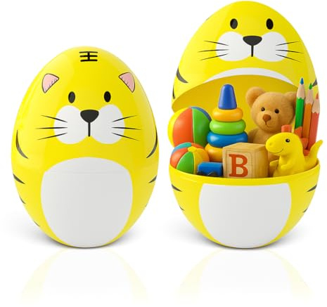 2er- Set Tiger Überraschungsei aus Kunststoff – 25 cm XXL Geschenkbox zum Befüllen mit Überraschungen – Deko & Geschenkverpackung für Kinder, Geburtstag, Einschulung, Ostern & Weihnachten