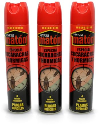 VINFERMATON – Insecticida Cucarachas y Hormigas | Antihormigas Instantáneo Pack 3×300 ml | Spray Eliminador Insectos Rastreros Interior y Exterior | Acción Rápida Profesional | MADE IN SPAIN