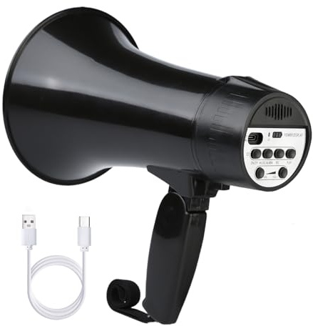 UZOCHI Megafono ricaricabile da 20 Watt, altoparlante con sirena e registrazione 240s, megafono portatile con display di alimentazione e cinturino (nero)