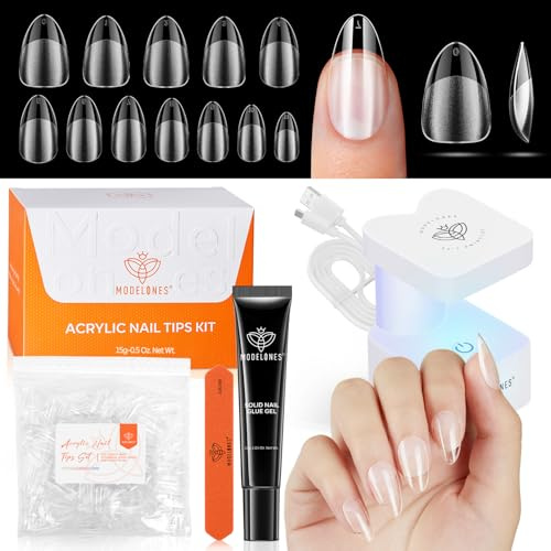 modelones Nageltips and Glue Gel Kit, 216 Pcs Medium Almond Nail Tips, Fester Nagelkleber & Uv Lampe Klein, 12 Größen Nagel Tips Set für Nagelverlängerung DIY Salon Geschenke