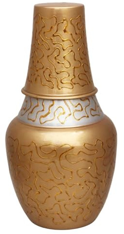 Jarra de cobre puro con tapa de vaso, 1.4 litros (48 onzas), juego de agua ayurvédica para la noche para la salud y el bienestar, acabado plateado y dorado