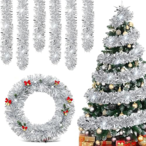 Weihnachtsdekoration, 6 Stück Weihnachtsbaum Lametta, Jede 2M Lametta Girlande, Girlande Weihnachten für Weihnachtsbaum Deko, Geburtstagsparty Dekoration, Christmas Tree Decorations (Silbrig)