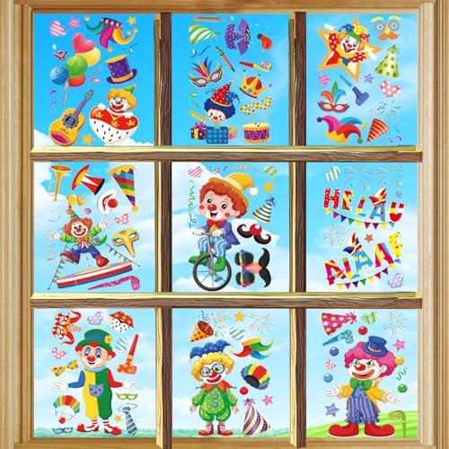 YOUYIKE Fönsterbilder karneval, elektrostatisk adsorption, självhäftande fönsterklistermärken, clown, fönsterklistermärken, dekoration, karnevalsfest, fönsterbilder, barnrum, födelsedagsfest