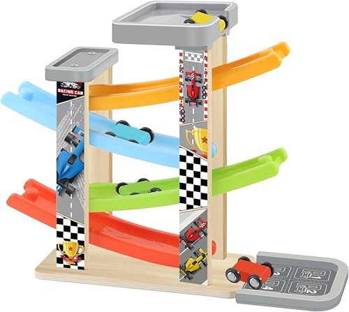 Muslecid Holz-Kugelbahn Autorennbahn mit 6 Autos Spielzeug Kugelbahn ab 1 Jahr für Jungen und Mädchen Lernspielzeug für Kinder, Kinderspielzeug Geschenk (Rennwagen - 4 Ebene)
