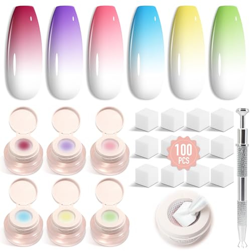 Shining She UV LED semi-permanenta gelnagellack, 6 färger Pat Painting Pastell Rosa Röd Lila Blå Grön Gul semi-permanenta nagellack med ombre-effekt med 100 svampar och manikyrklämma