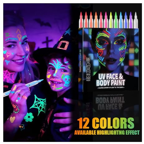 ANIS・KEBBR UV Glow Body Paint Marker Set 12 Colors Washable Blacklight Makeup for Party Cosplay Festival
