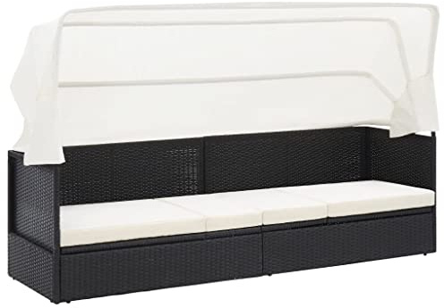 Mandloder Gartensofa mit Sonnendach, Schwarz Poly Rattan, Klappbares Dach, Komfortable Sonnenliege für Terrasse, Pool und Garten