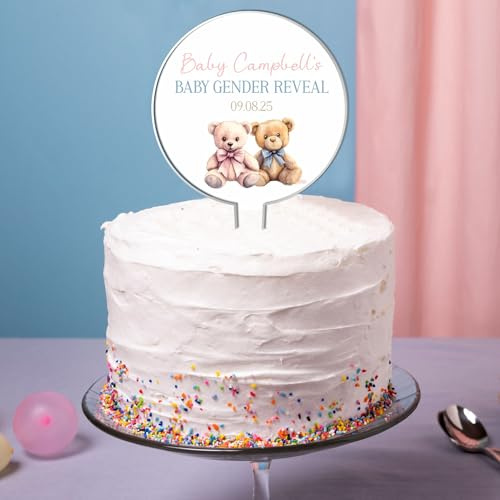 Personalised Acrylic Baby Gender Reveal Cake Topper – Custom Welcome to Baby Shower With Name & Date - Celebration Party Decor in Multiple Designs (Vintage Teddies)