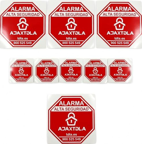 9 Disuasorios ORIGINALES Alarma | Para cristal o exterior | Auténtico Tdla. | Adhesivos resistente agua. | Local, piso casa o Autocaravana | ROJO | 7 y 3,5CM - Cartel Videovigilancia seguridad aviso