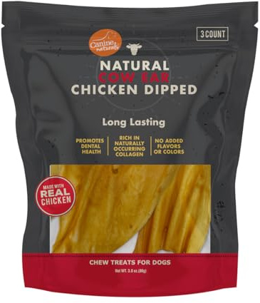 Canine Naturals Orecchie di mucca immerse di pollo per cani, 3 pezzi, masticabili naturali a lunga durata, realizzate con vero pollo, ricche di collagene