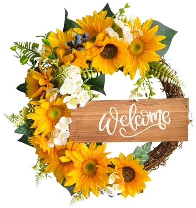Sonnenblumenplanken-Kranz, Hängende Frühlings-，das ganze Jahr über, mit grünen Blättern, für Haustür, Eingangsbereich, Sommer & Frühlings Dekoration für Zuhause