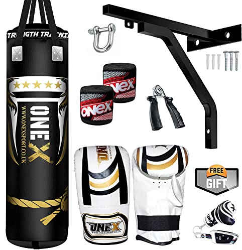 ONEX Heavy Filled 11 Piece 4ft Boxing Punch Bag Set Gloves Bracket MMA Pad Punching Kick Bag (Black, 4ft)