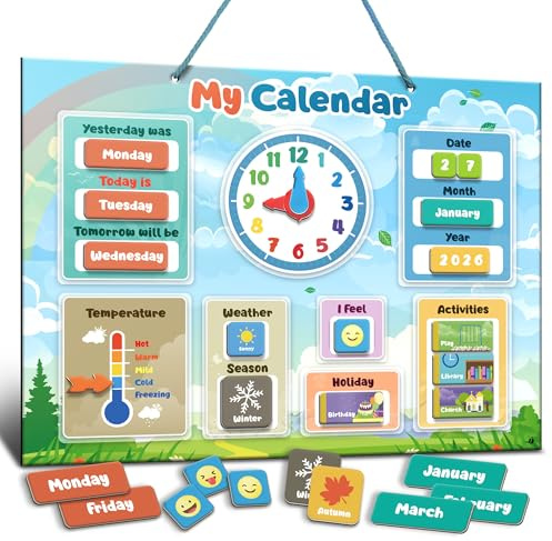 inamio Magnetic Kids Calendar for Learning - Classroom, Preschool Calendar for Kids and Toddlers - Days of The Week Chart - Today, Months and Weather