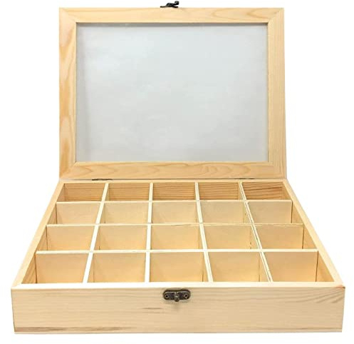 Acan Caja de madera, 20 compartimentos, tapa de cristal, expositor joyas, organizador, joyero, collares, brazaletes, pendientes, relojes, 5 x 28 x 22 cm.