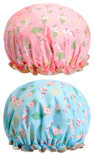 2 Pcs Bath Caps Elastic Band Double Layers Waterproof Shower Caps With Ruffled Edge Covering Ears Keeping Hair Dry Kitchen Oil-proof Cap for Girls and Women