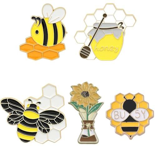 SUNNYCLUE 1 Box 5 STÜCKE 5 Stile Legierung Emaille Bienen Pin Gold Blume Emaille Pins Honeybee Cartoon Schmuck Abzeichen Broschen Pins Für Kinder Frauen Rucksack Shirts Jacken Hüte Dekoration DIY