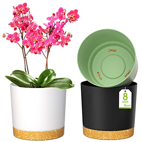 ZMTECH Blumentöpfe, Set mit 3 selbstwässernden Kunststoff-Pflanzgefäßen mit Drainageloch und Untersetzer, Sukkulenten, Blumen – Grau/Weiß/Grün