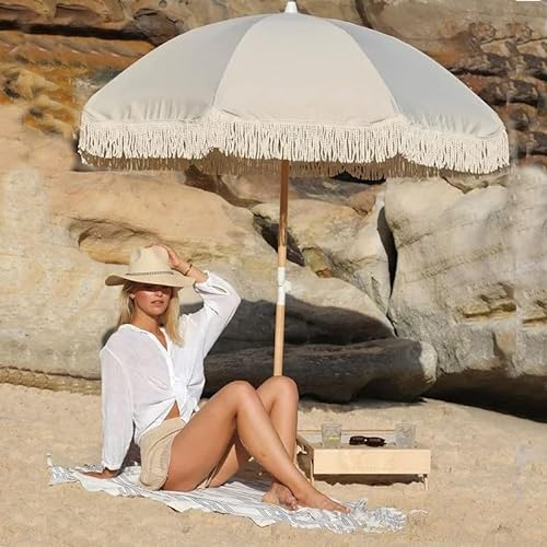 GQJN Strandschirm mit Fransen, luxuriös, Weiß, 2 m, Gartenschirm, Sonnenschirm aus Polyester, verschleißfester Sonnenschutz, Patio/Strand/Balkon